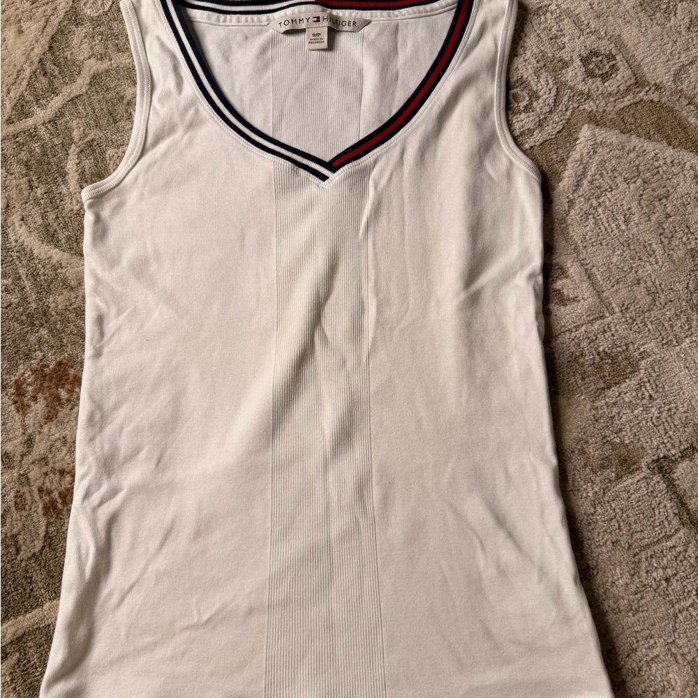 Tommy Hilfiger Women's White Tank Top with Navy and Red Trim
